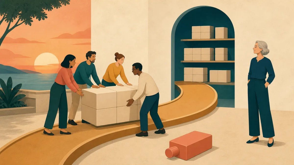A team guides a plain modular system into an orderly archive while a colleague remains outside its lifecycle path