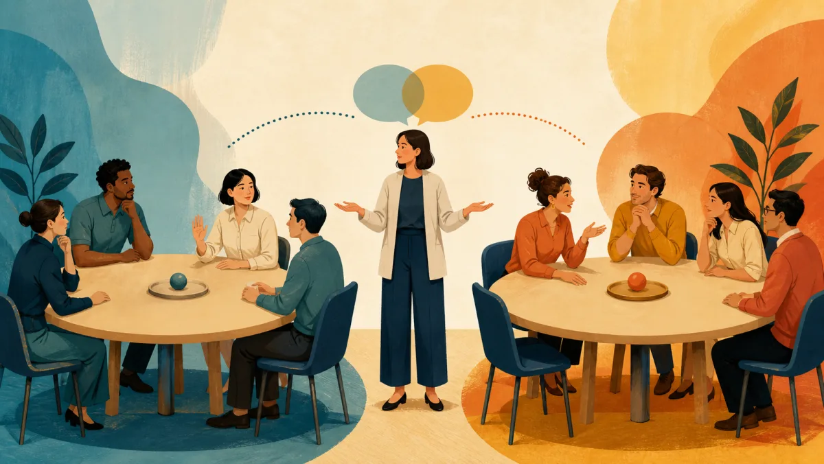 Two meeting groups use equally valid conventions while a facilitator bridges their different approaches