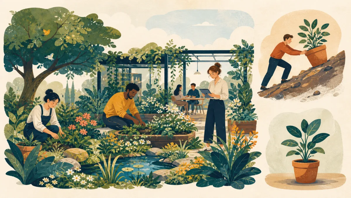A team flourishes in a self-sustaining garden beside contrasting examples of effort and routine growth