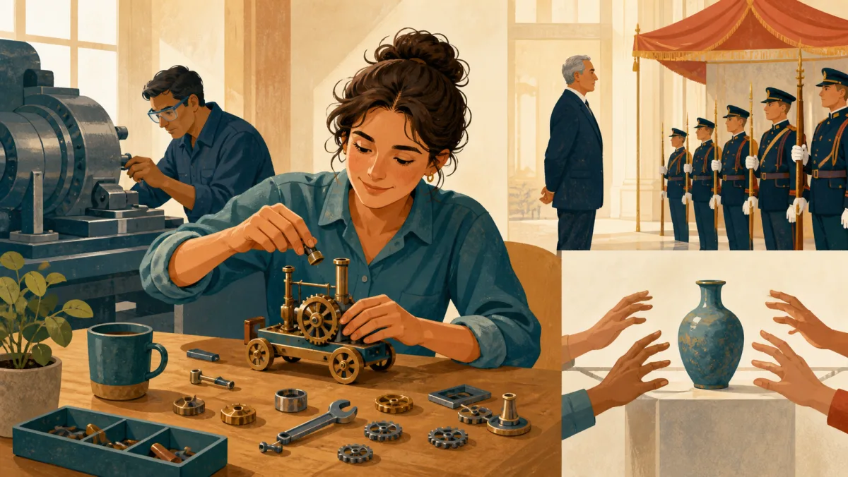 A professional casually adjusts a harmless tabletop mechanism beside precision-critical and formal settings