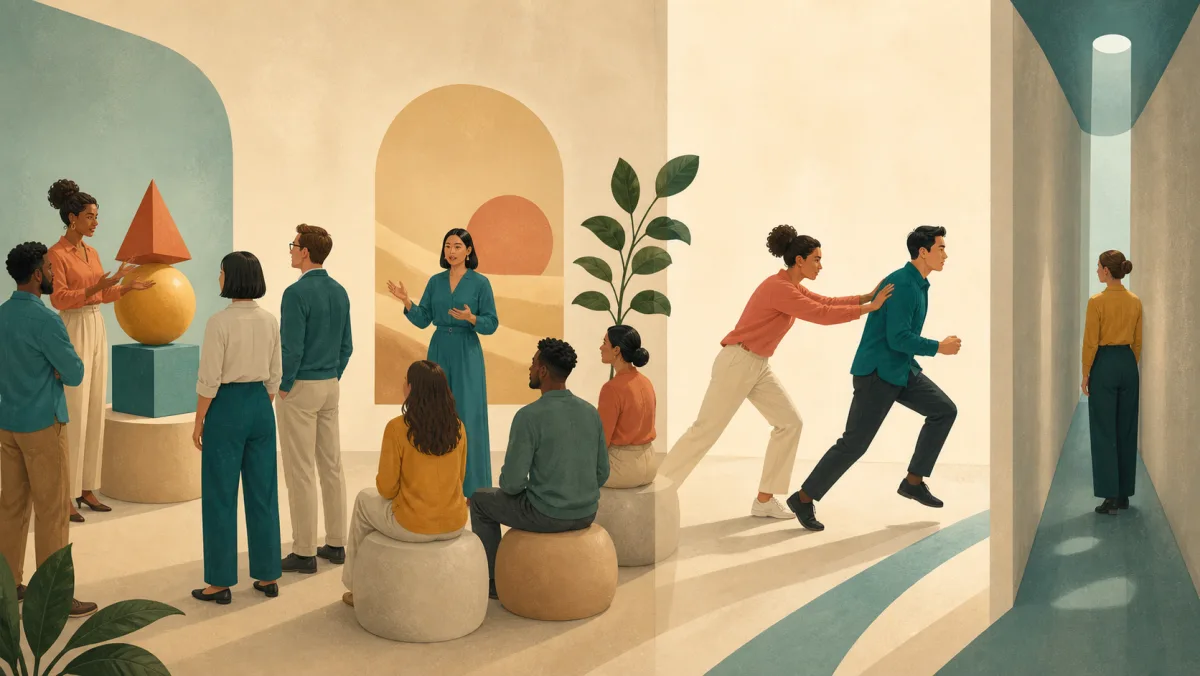 Four wordless professional scenes show persuasion, attention, active force, and external constraint