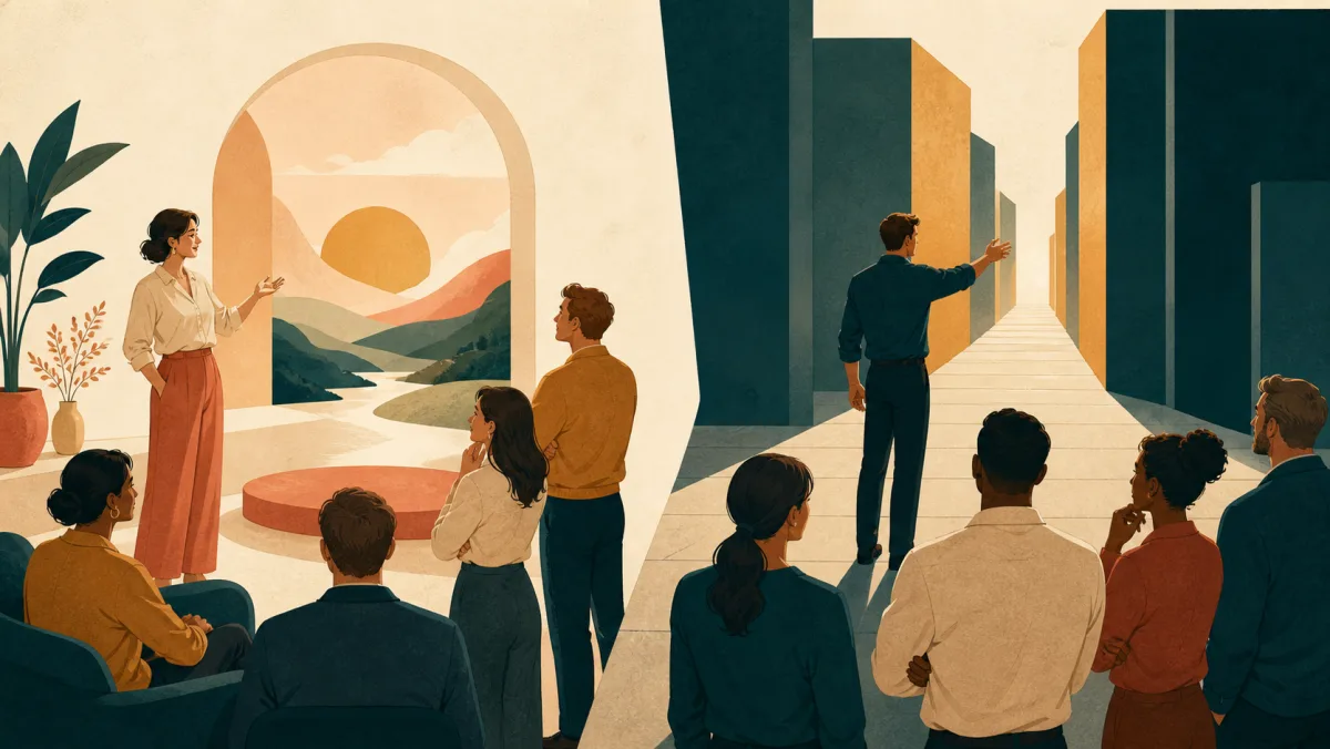 A welcoming scene attracts interest while a consequential path draws a group toward a decision