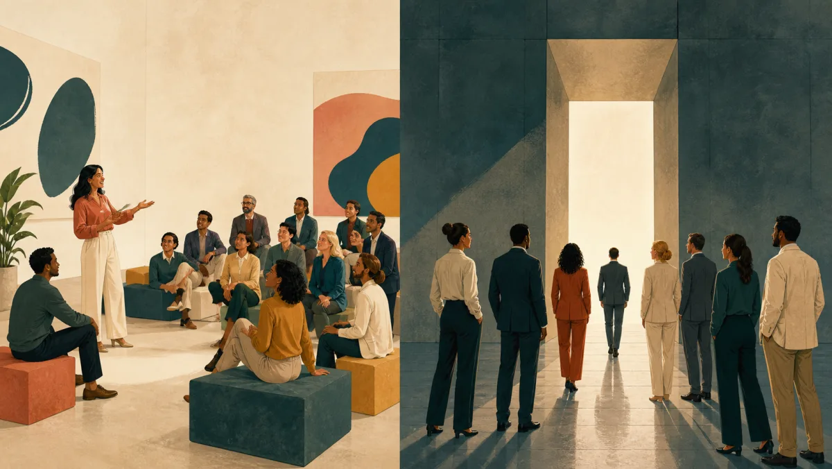 A lively speaker holds relaxed attention while a consequential doorway moves a focused group forward