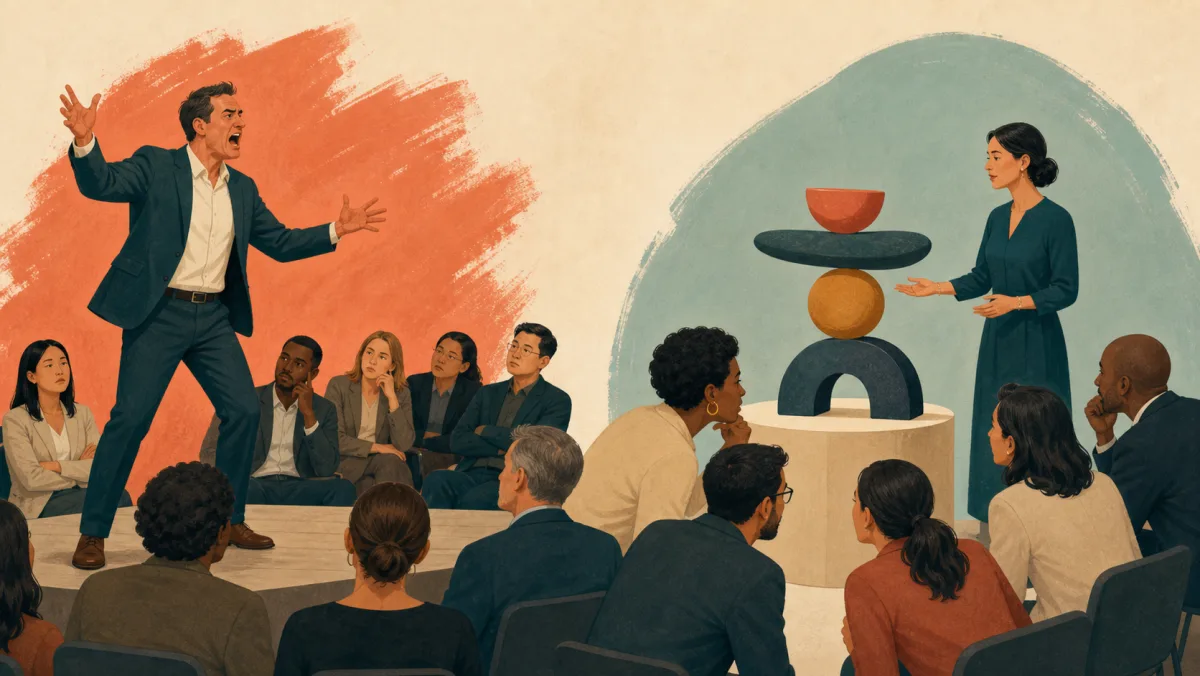 A loud presenter leaves an audience unmoved while a quiet presenter draws people toward a balanced idea
