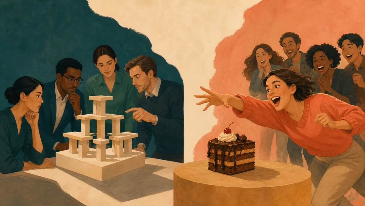 A professional team studies a reasoned structure while another group eagerly reaches for an indulgent treat