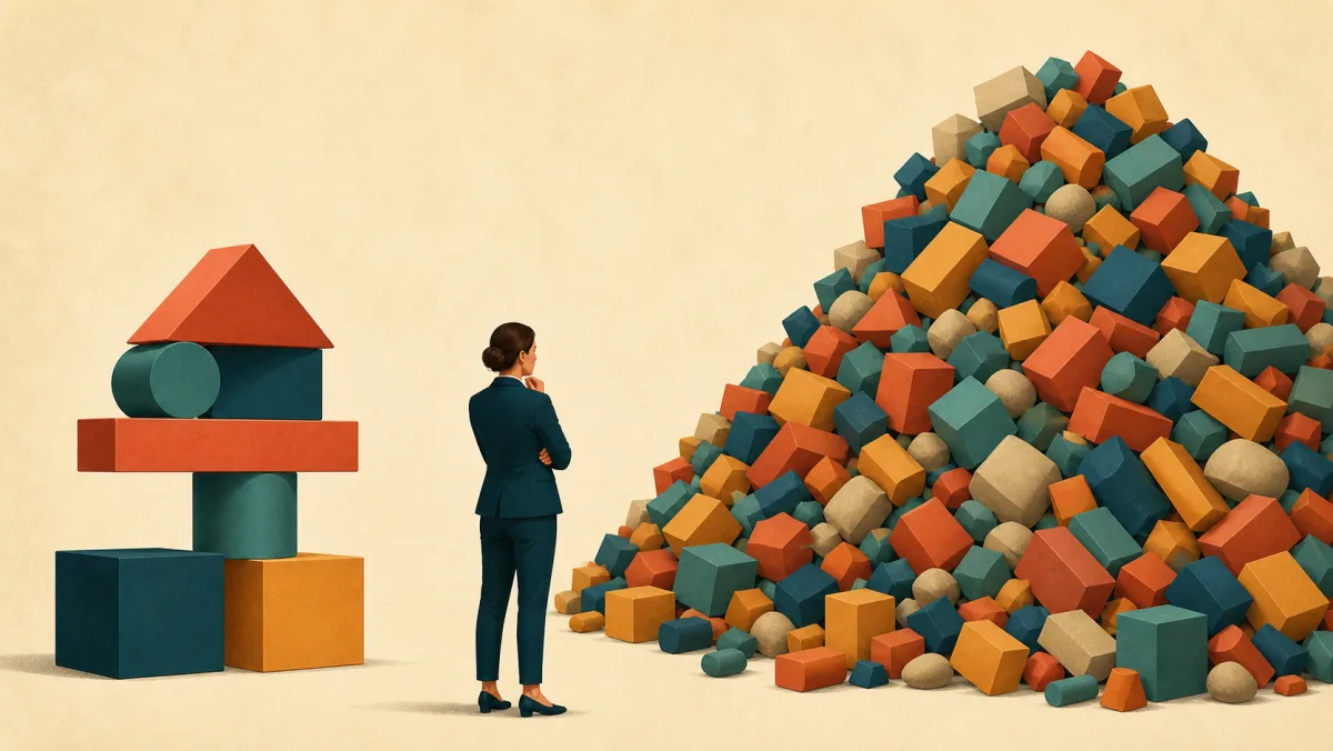 A small stable set of supports contrasts with an overwhelming mound of loose geometric blocks