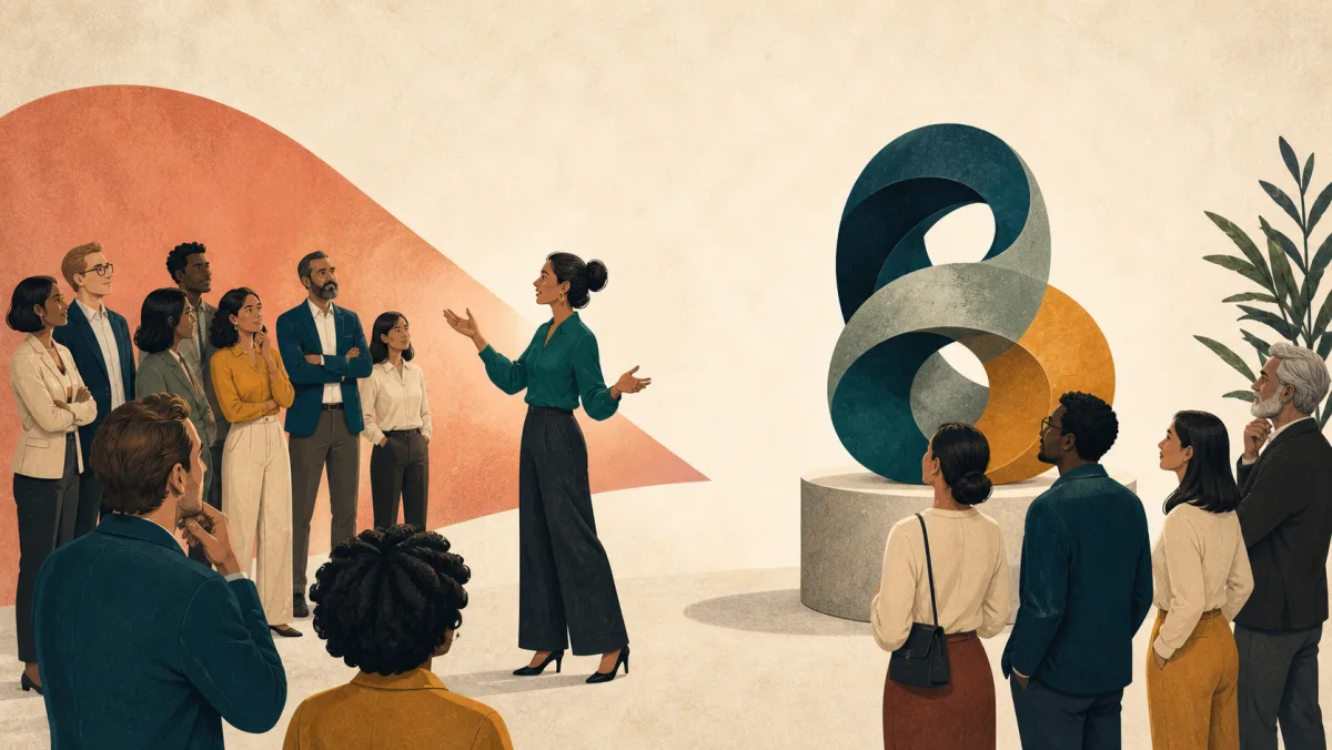 A skilled presenter guides attention while a powerful abstract structure independently draws viewers closer