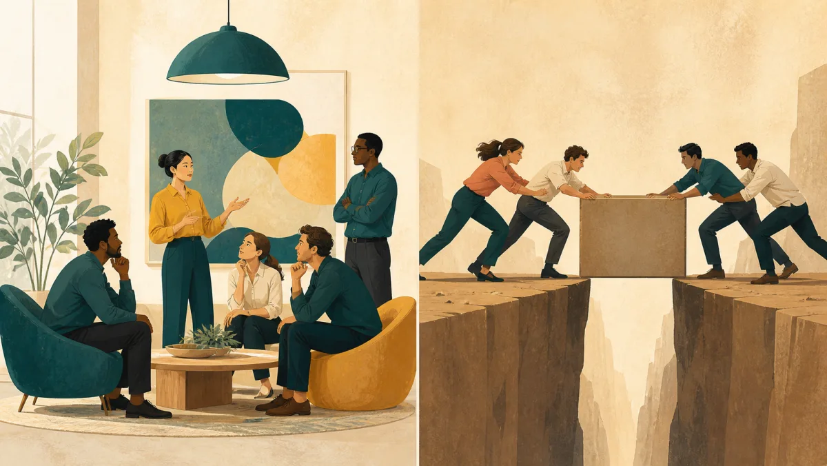 A calm idea attracts thoughtful attention while two teams rush to close a narrowing physical gap