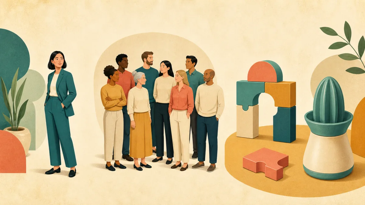 An individual stands beside a represented group and a complete system contrasts with one loose part