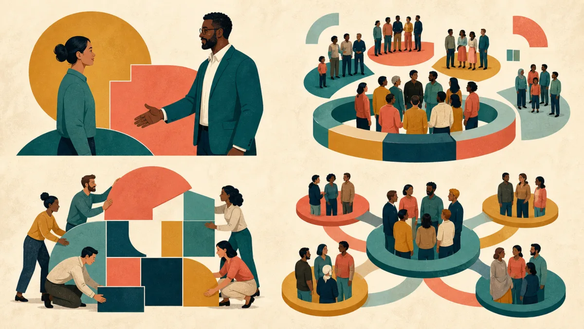 Wordless scenes show a represented person, connected groups, system parts, and member bodies forming wholes