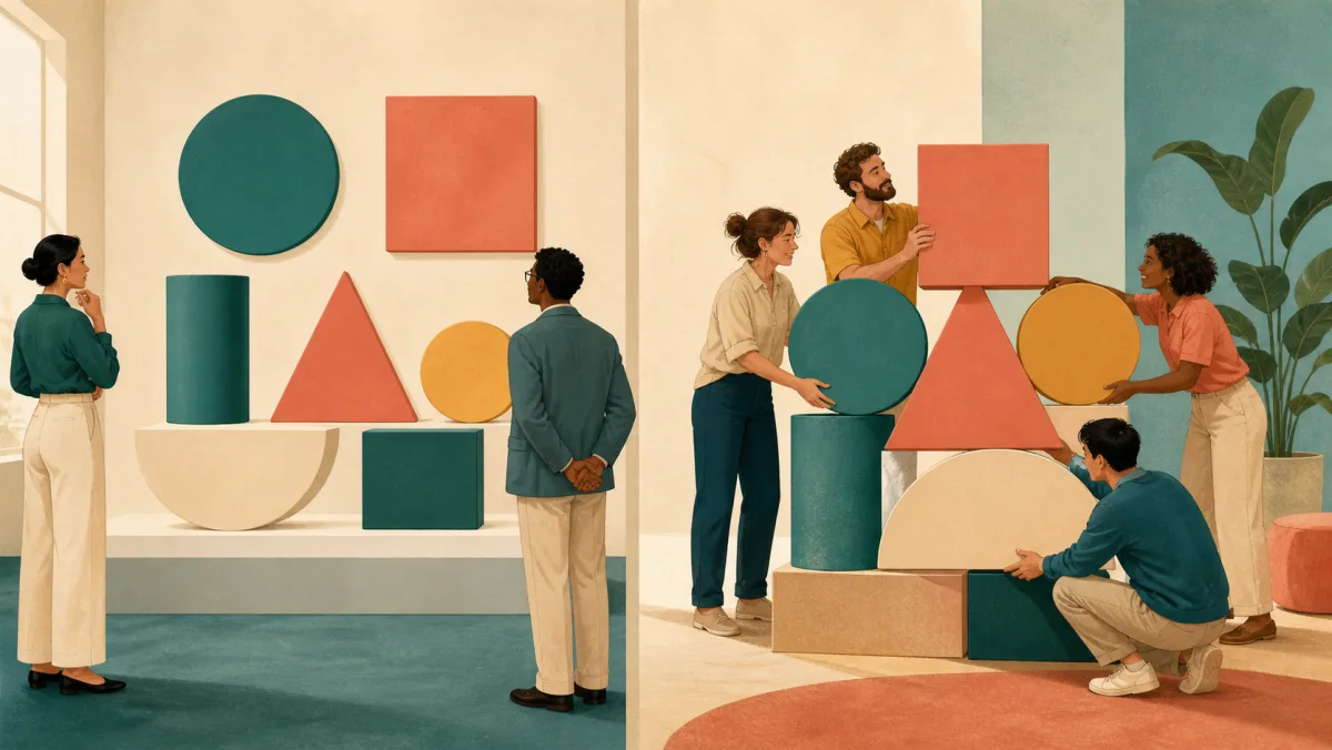 The same blank geometric system appears as a formal gallery arrangement and a practical team assembly