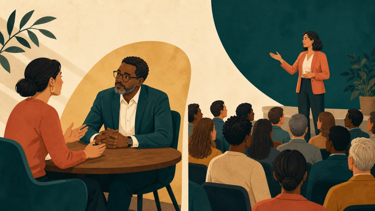 A leader listens directly to a represented person while a speaker addresses a receiving audience