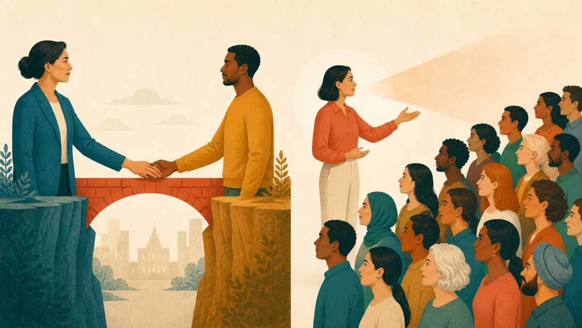 A bridge connects a representative to one stakeholder while a communicator projects outward to many listeners