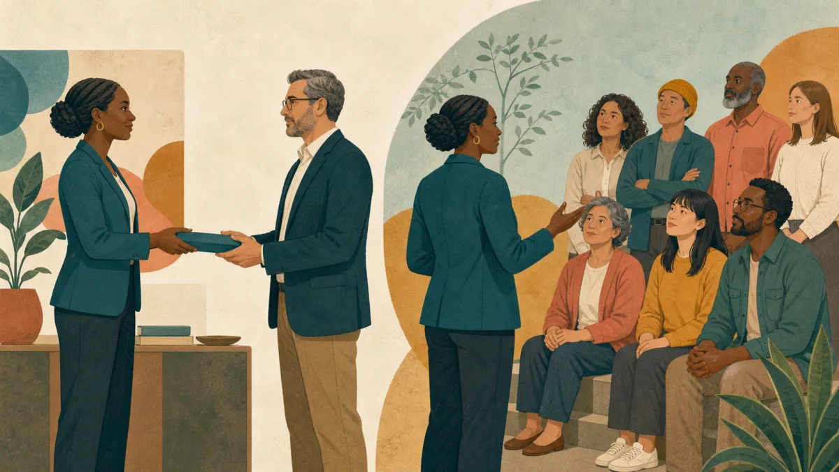A professional completes a service exchange and then addresses a community she is accountable to represent
