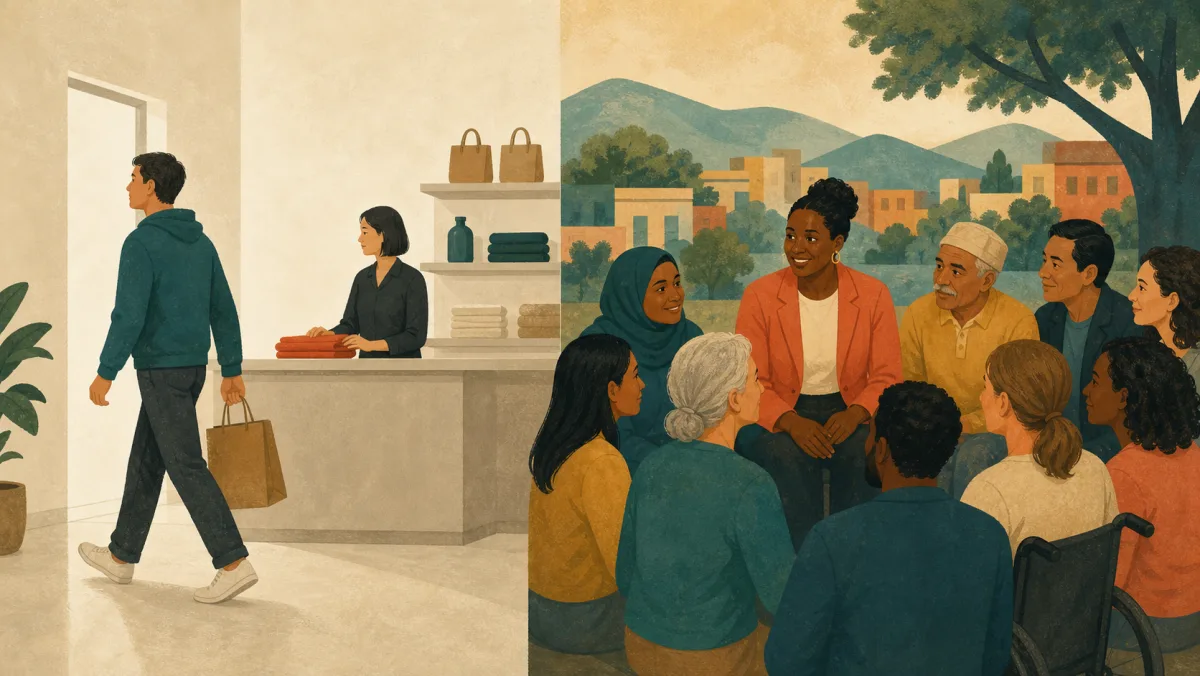 A customer leaves after a simple purchase while a leader maintains an accountable community relationship