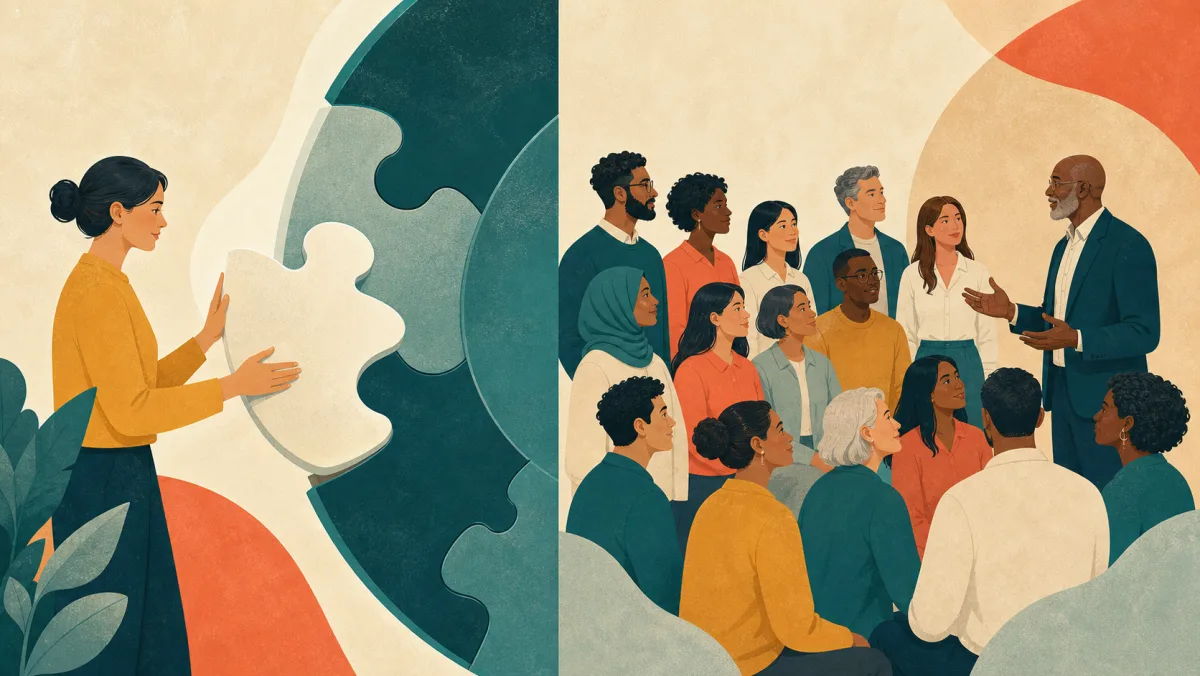One employee fits a component into a system while a leader answers to the workforce as a represented body