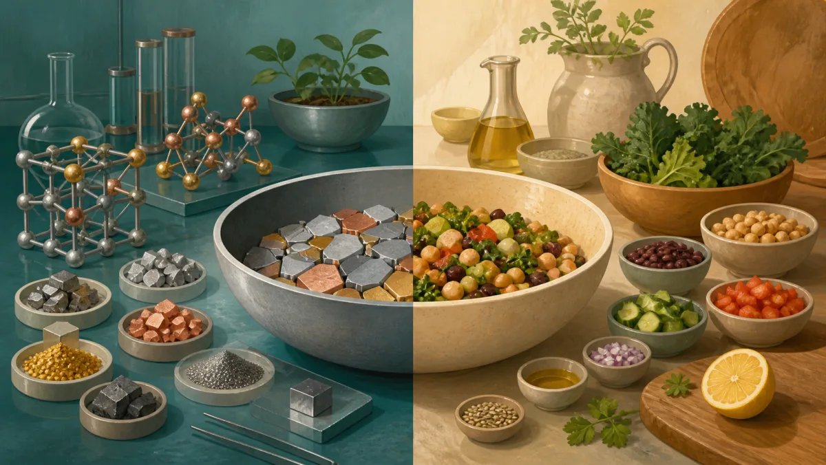 Scientific materials form precise structures while everyday foods combine in a kitchen bowl