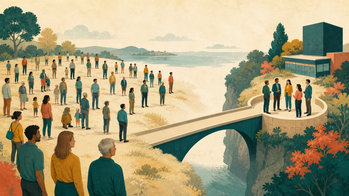 A broad interested community faces a smaller organizational group connected by a bridge of accountability