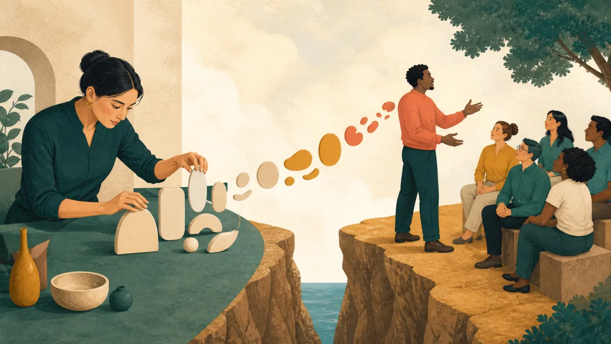 One professional precisely arranges forms while another successfully carries meaning across a gap