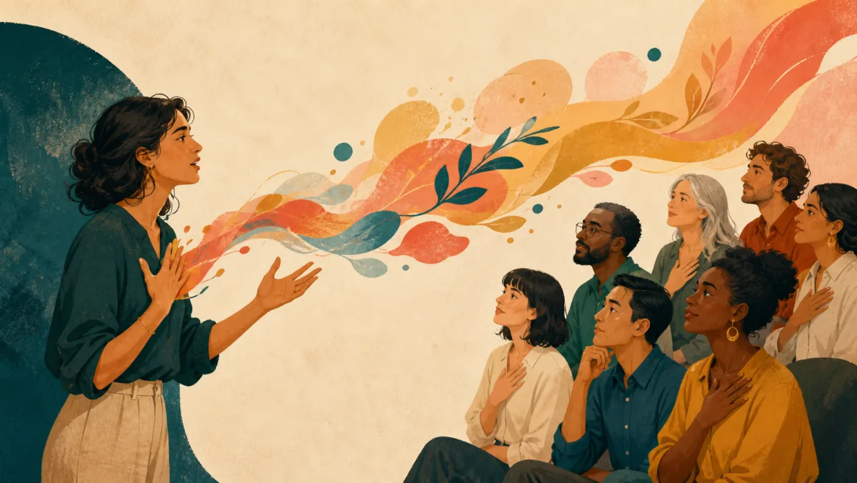 A speaker releases a personal feeling and the same feeling visibly registers with an audience