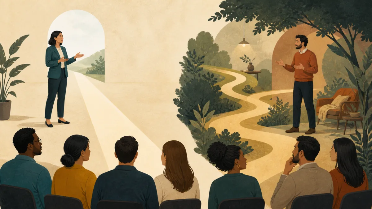 A direct open path contrasts with a winding partially hidden route that listeners must infer