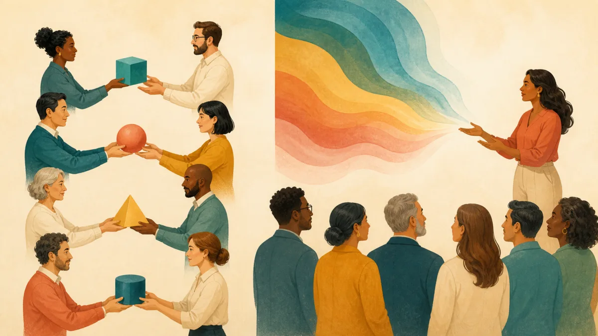Professionals transfer discrete blank objects while a leader conveys layered meaning to an audience