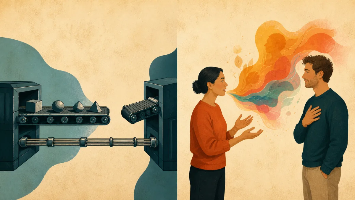 A mechanical system transfers plain assets while a layered human meaning registers with a listener