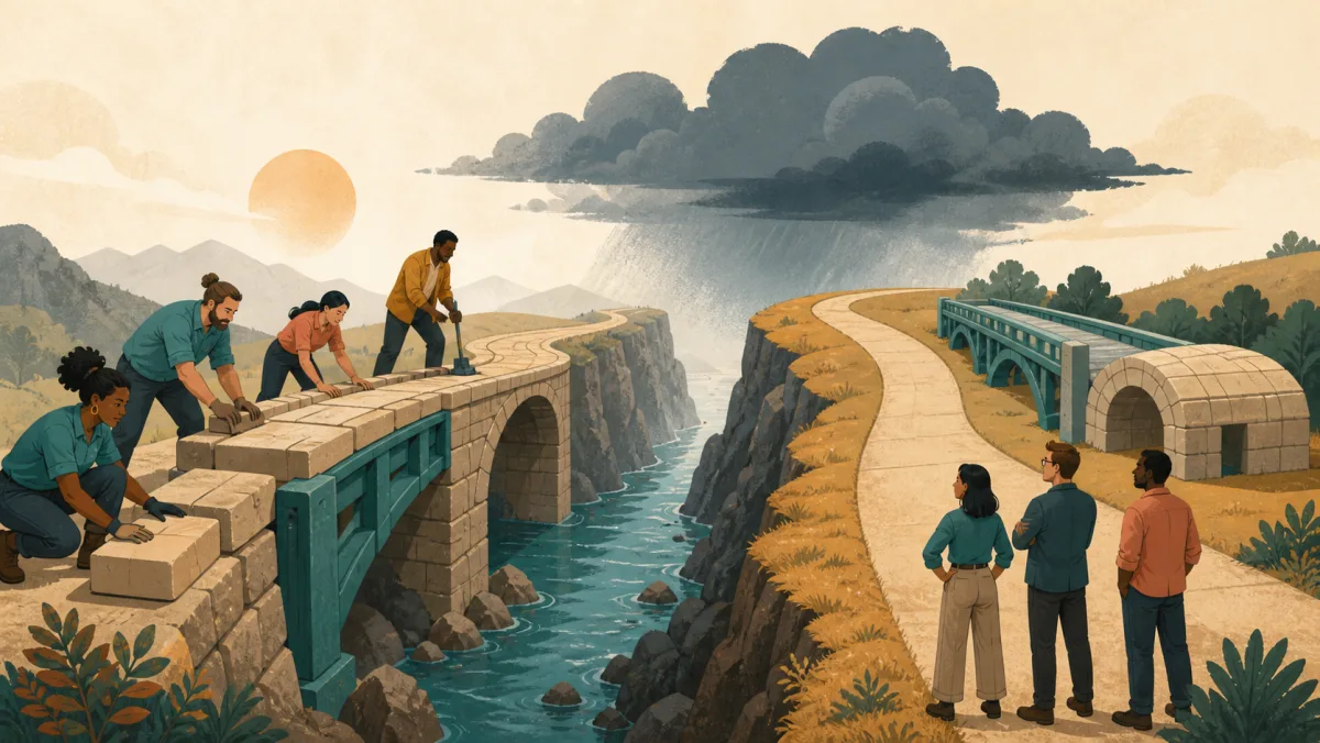 A team strengthens the main route before a storm while a separate backup route waits unused