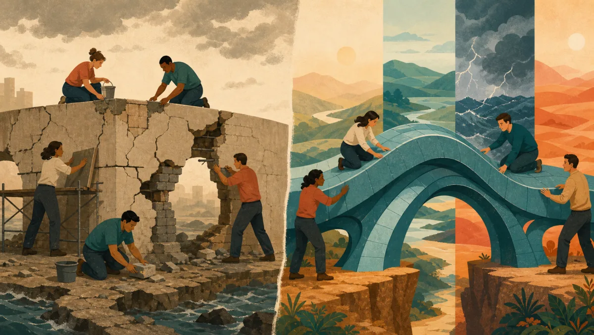 A team repairs visible current weaknesses while another builds an adaptable structure for changing future conditions