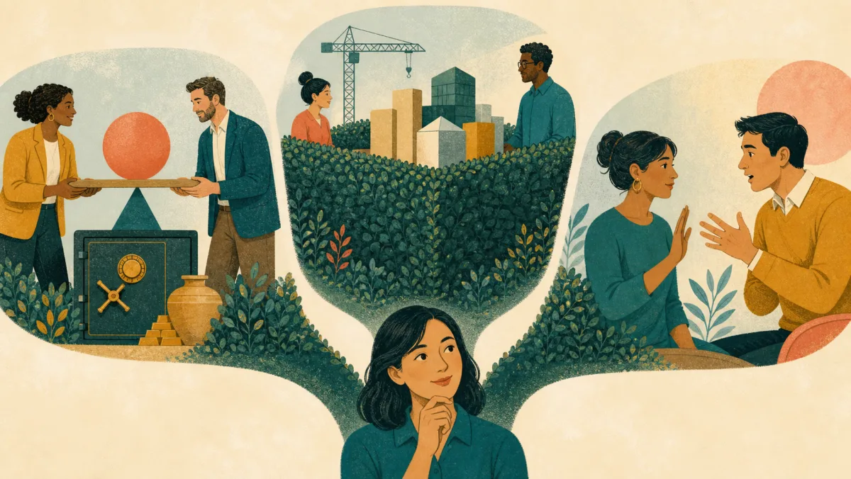 Balanced value, a protected project, and a softened conversation illustrate three meanings of hedge