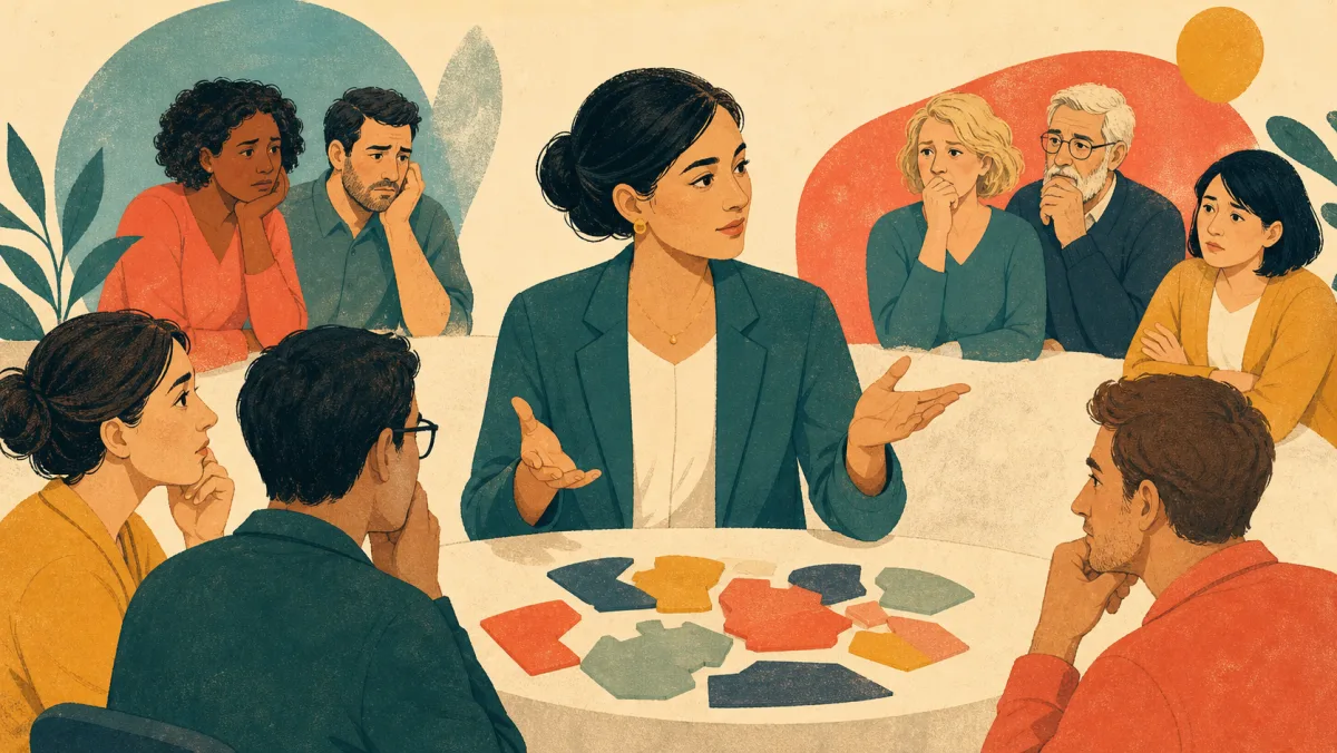 A composed facilitator remains attentive while guiding concerned colleagues through a tense review
