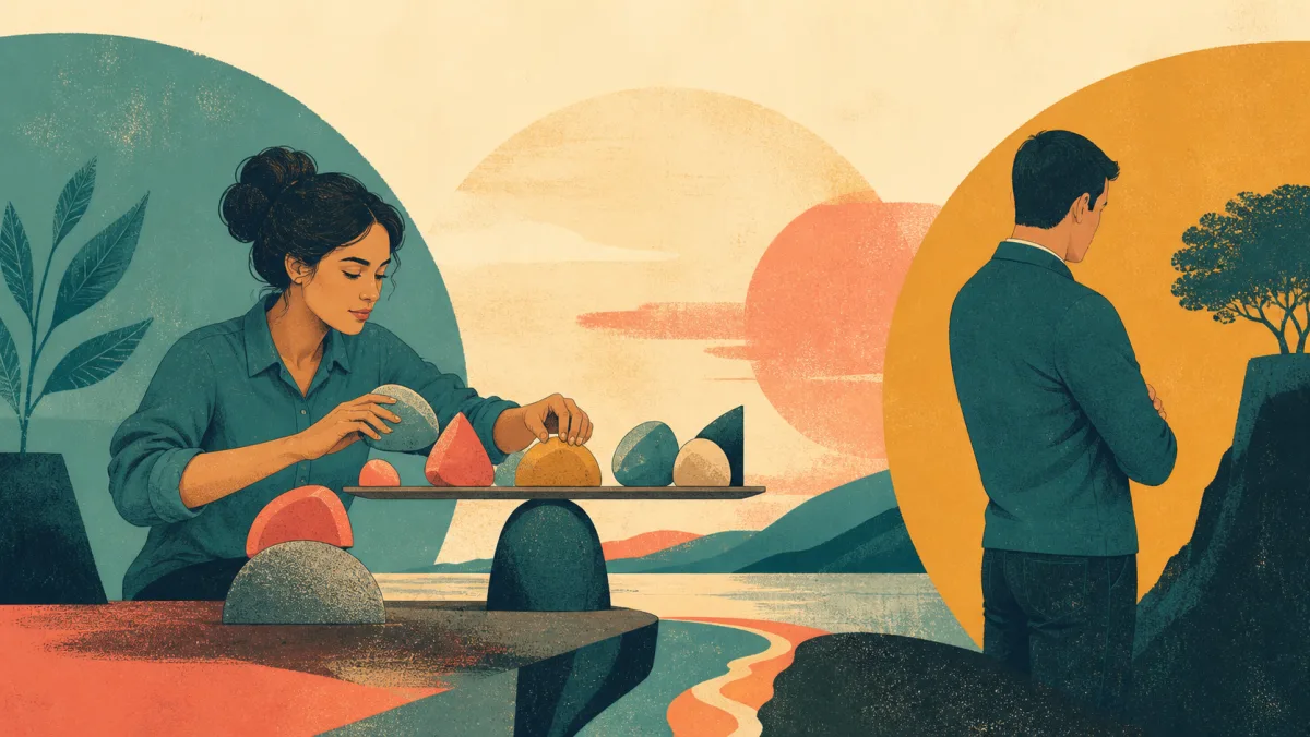 One professional calmly balances important choices while another turns away from the work
