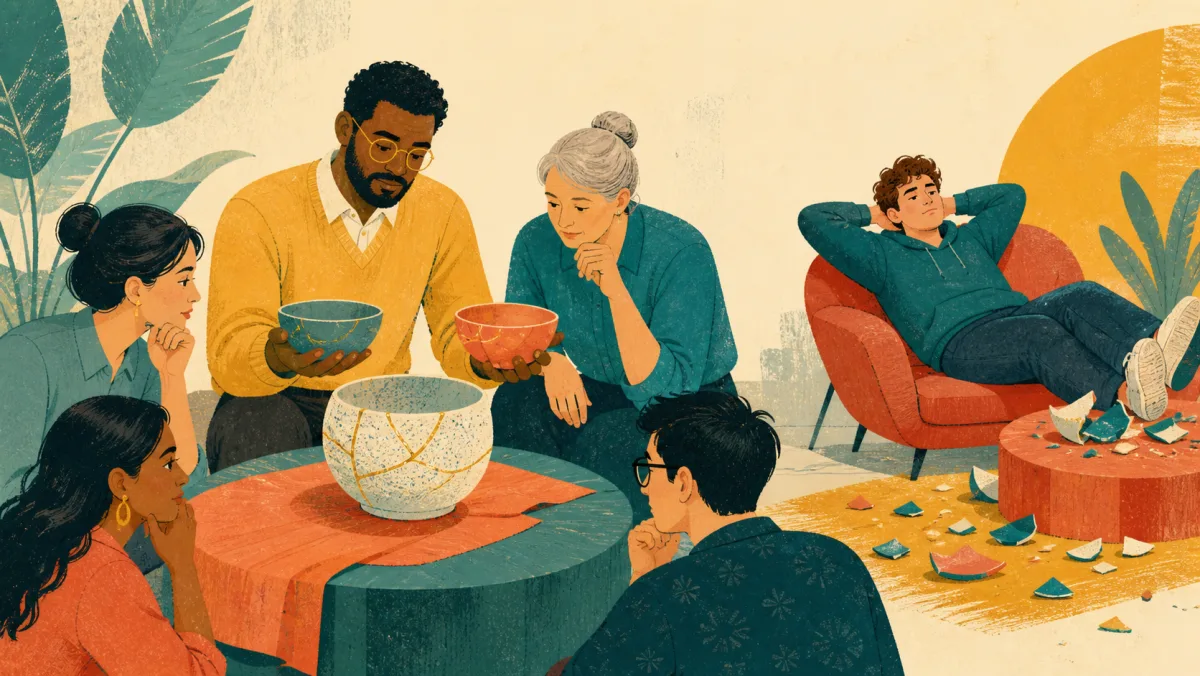 An engaged group carefully repairs a shared object while an indifferent colleague ignores scattered pieces