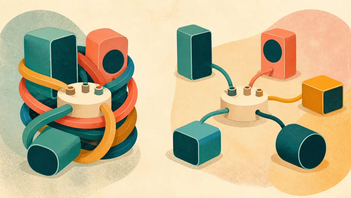 Adaptable connections appear tightly wrapped around one hub and loosely distributed around another