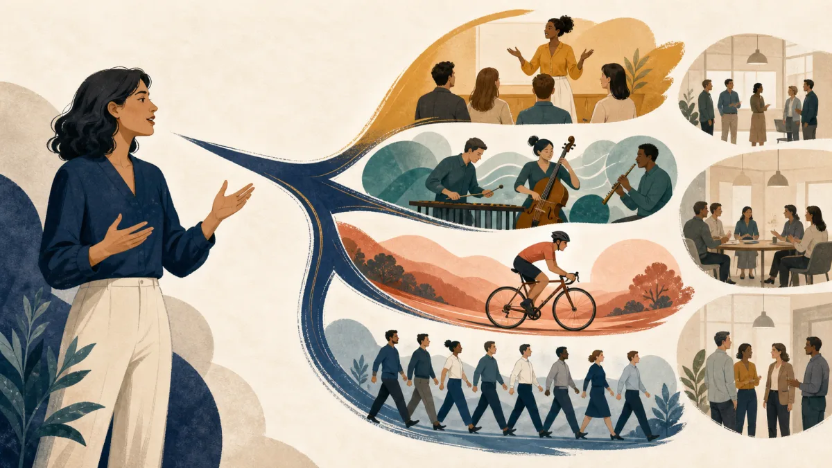 A speaker's flowing rhythm branches into presentation, music, cycling, marching, and workplace scenes