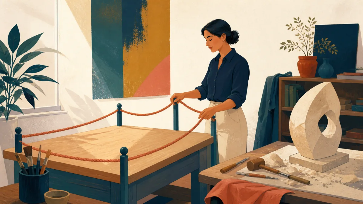 A professional protects an empty workbench while an unfinished carved object remains nearby