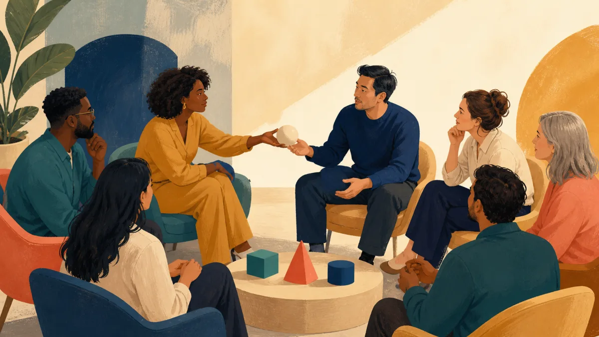 Professionals pass one contribution into a discussion beside several different possible shapes