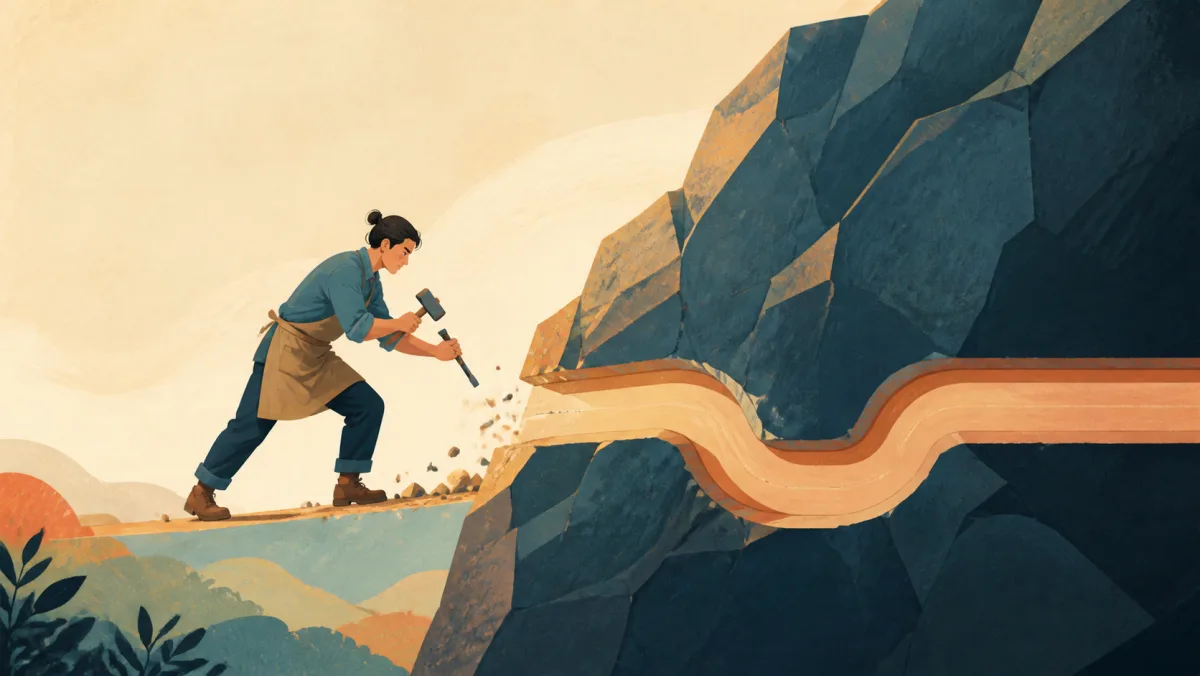 A craftsperson steadily chips an obstacle beside a continuous groove running through the rock
