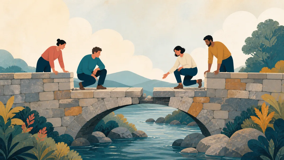 A team inspects the small gap that remains in an otherwise strengthened stone bridge