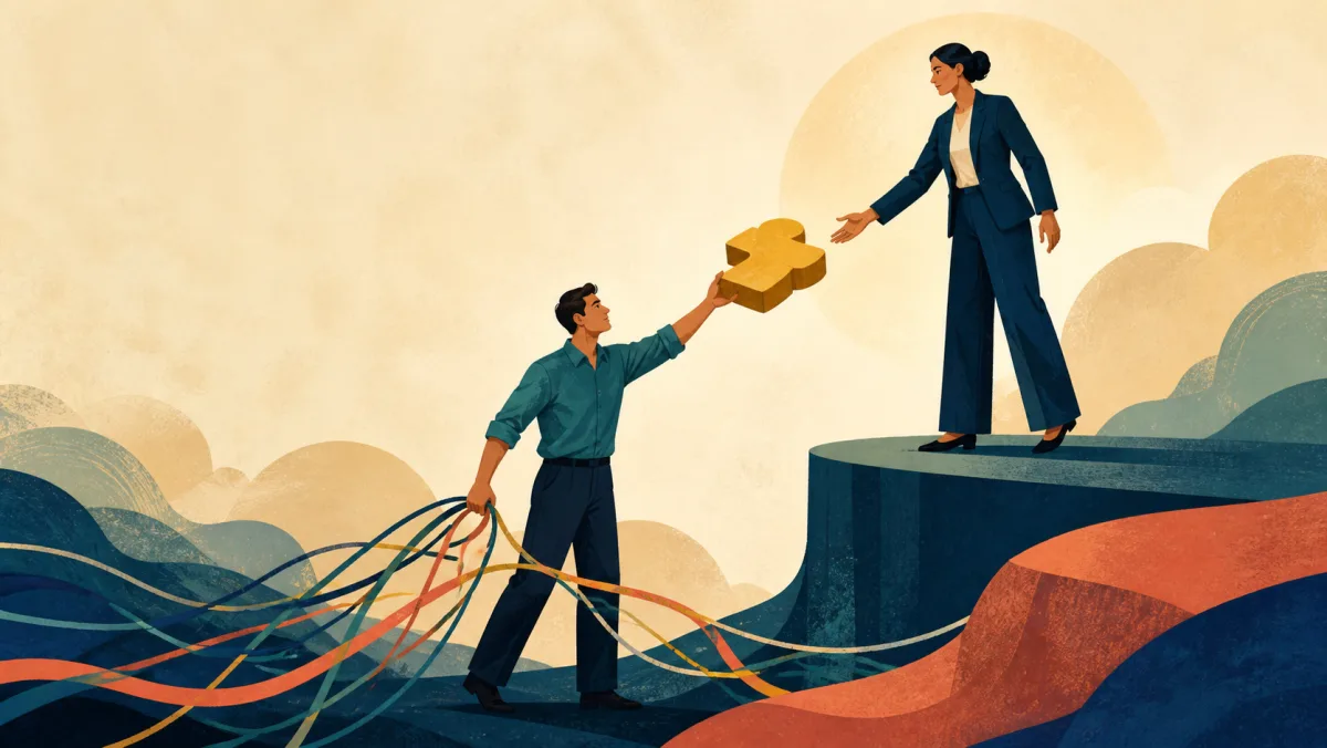 A professional hands one decision piece upward while continuing to manage connected project strands