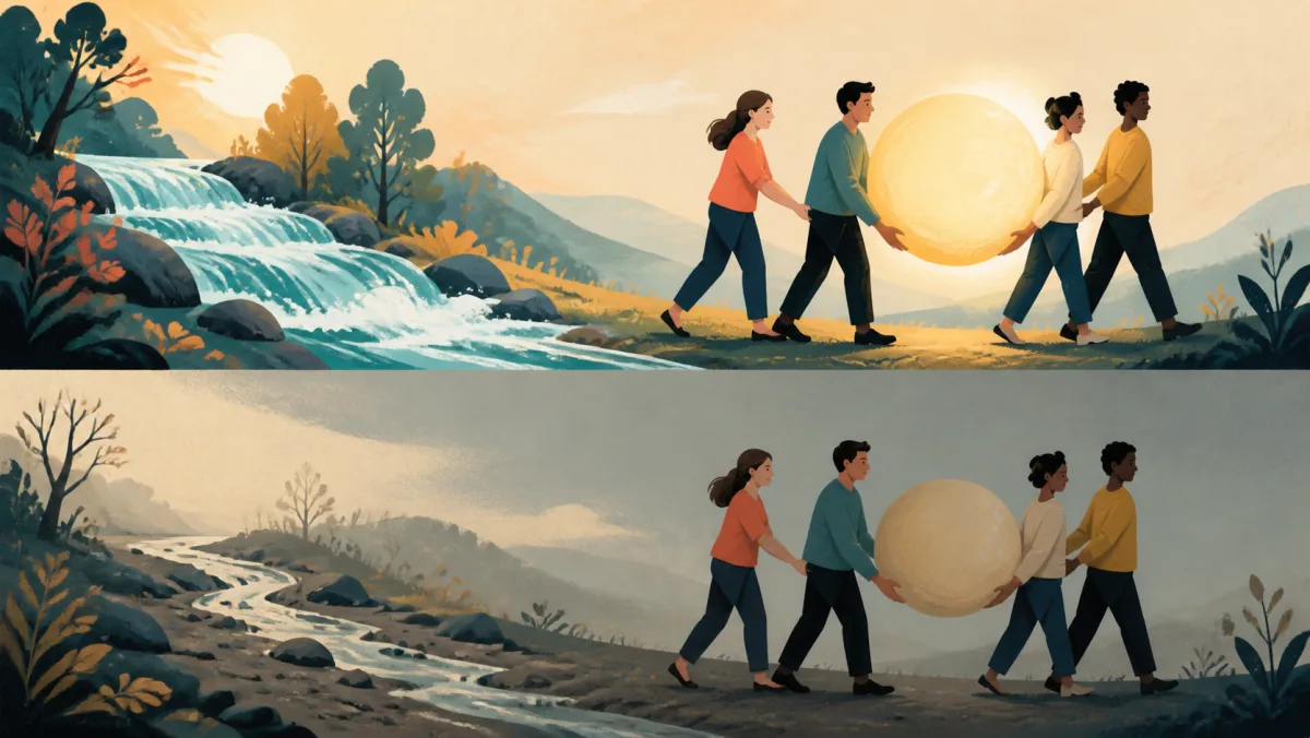 A flowing stream and a shared glowing sphere both weaken between an energetic and subdued scene