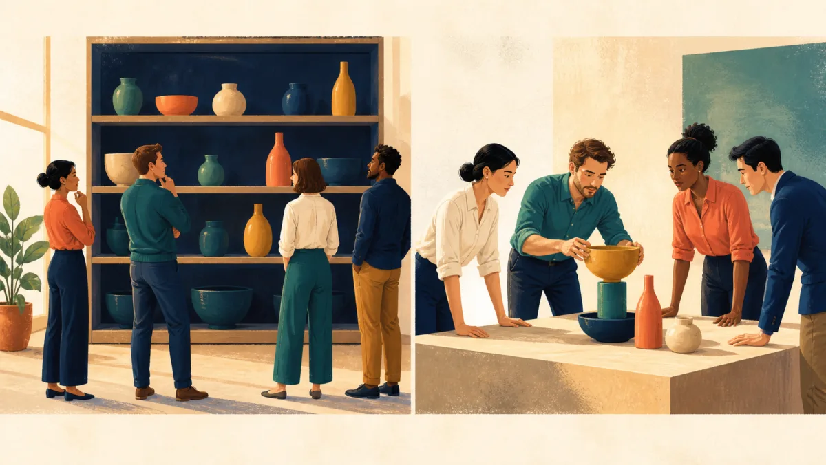 One group observes an exchange of objects while another separately tests whether the arrangement works