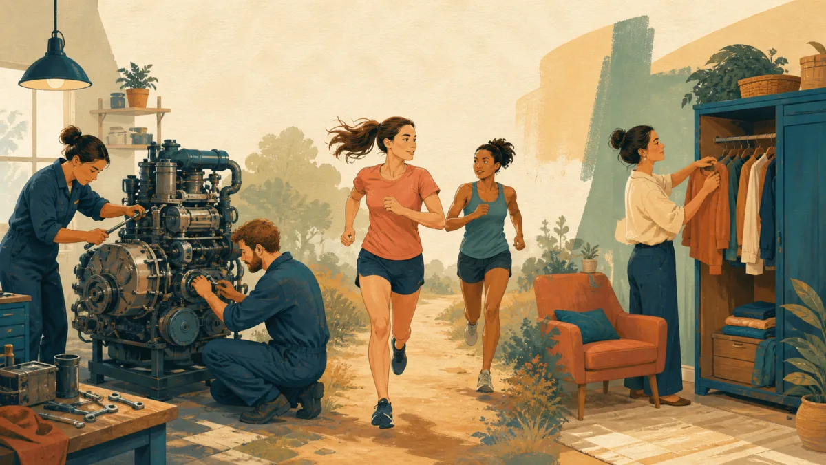 People rebuild a machine, overtake another runner, and refresh a wardrobe in three neighboring scenes
