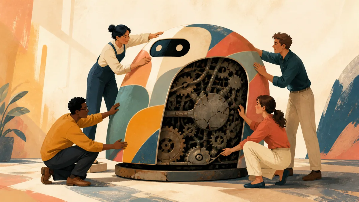 A team applies a colorful new shell around a machine whose cracked mechanism remains unchanged