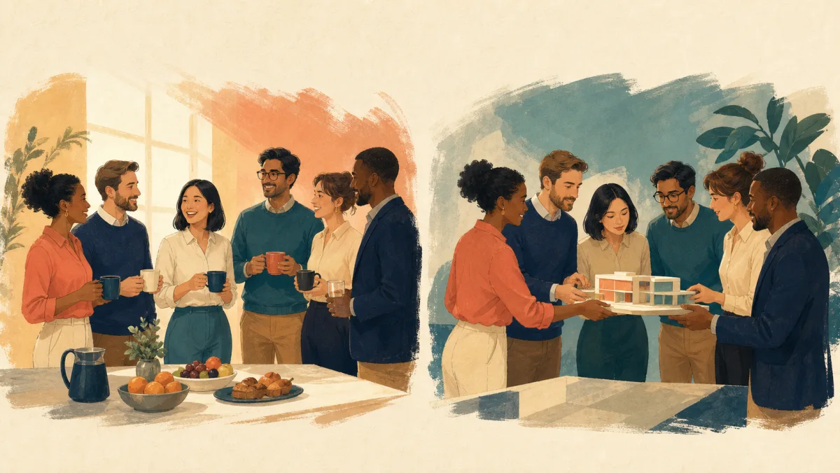 The same colleagues socialize over refreshments and later circulate an architectural proposal model