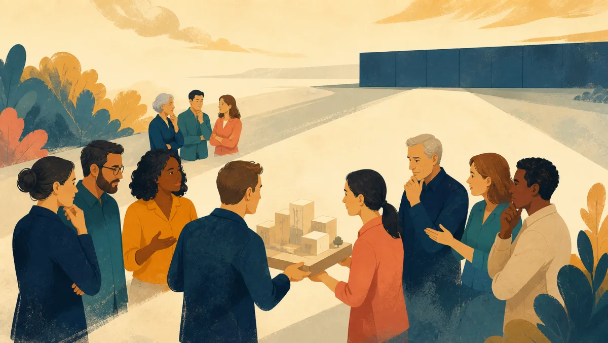 Stakeholders react to an unfinished proposal while a closed formal barrier remains farther ahead