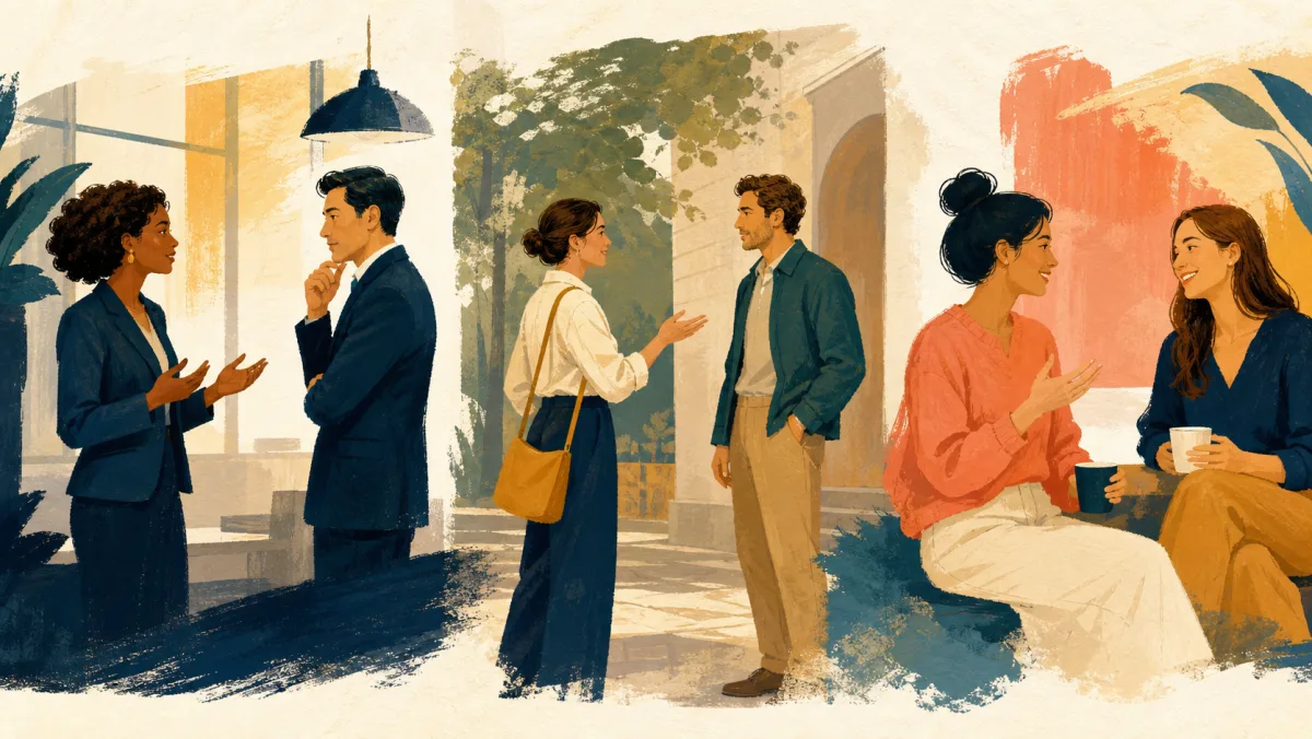 Professionals deliberately begin serious, neutral, and warm conversations in varied settings