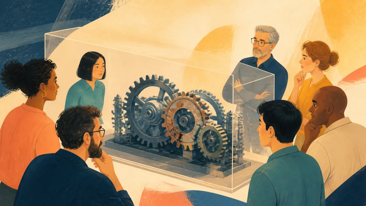 A wider team can see damaged gears beneath a transparent cover, but the problem remains untouched
