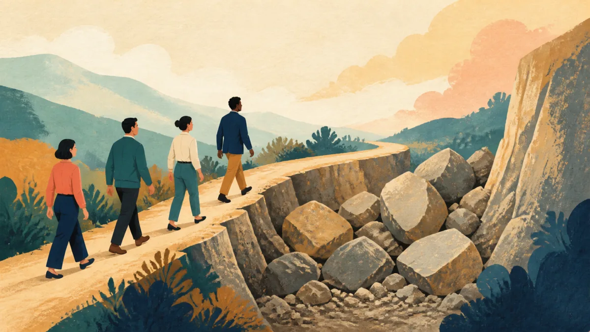A team resumes walking along a path beside a large unresolved rock obstruction
