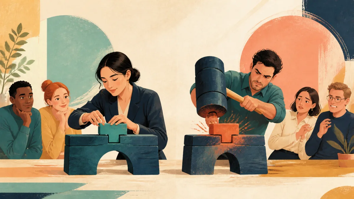 One person precisely fits a structural piece while another strikes a similar piece with an oversized mallet